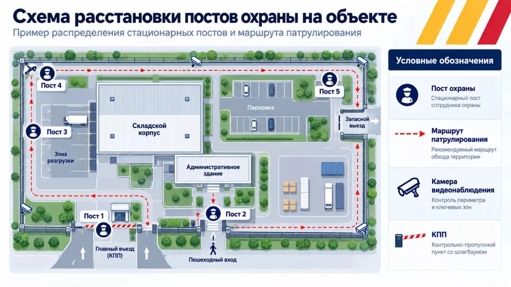Пример схемы расстановки постов охраны на объекте